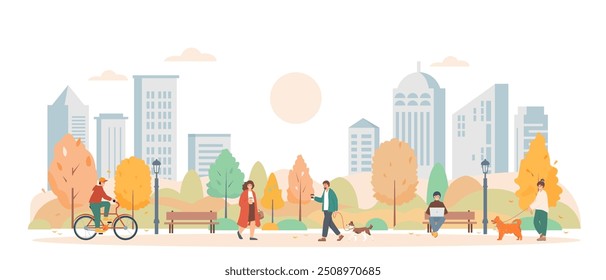 Gente feliz en el parque de la ciudad de otoño. hombres y mujeres caminando con perros, en bicicleta y trabajando fuera. Temporada de otoño en la ciudad. Ilustración de fondo de Anuncio plano de Vector.