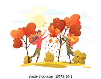 Happy people in an autumn park. Trend colors. Vector illustration in cartoon flat style. Autumn background - landscape illustration with autumn forest. Design template