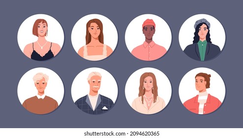 Happy people avatars set. Young and senior men and women head portraits in circle for user profiles. Diverse modern male and female characters faces with smiles. Colored flat vector illustration