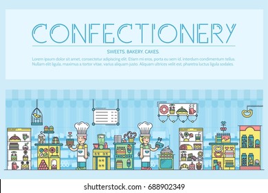 Happy people baking and decorating cakes in confectionery shop outline concept.  Confectioners making sweets thin line vector illustration design.