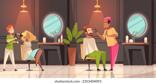 Happy people in barbershop. Cartoon visitors at hairdressers, cute man and woman sitting in beauty salon, professionals work. Barbers haircutting and making hairstyles tidy vector concept