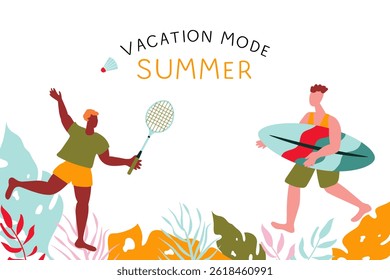  Happy people, beach holidays,summer vacation. Vector illustration with people engaged in active entertainment