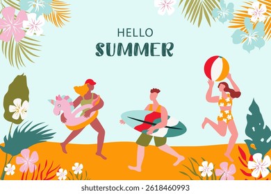  Happy people, beach holidays,summer vacation. Vector illustration with people engaged in active entertainment