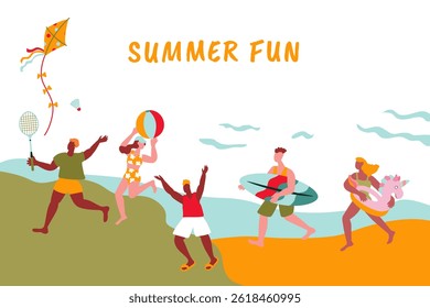  Happy people, beach holidays,summer vacation. Vector illustration with people engaged in active entertainment
