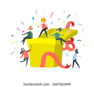 Happy people with big giftbox. Smiling women characters with present box. Vector concept for sale and holiday design