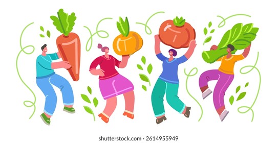 Happy people with big vegetables. Organic farm food, farming or gardening. Healthy eating, dietary nutrition