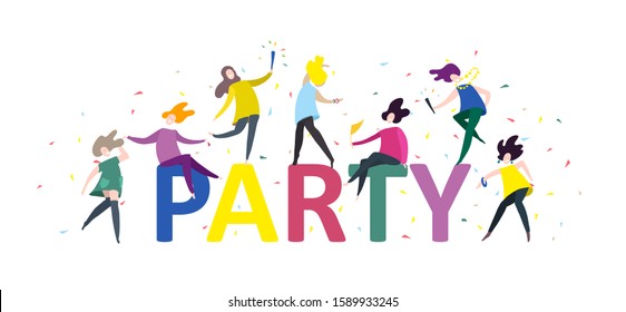 Happy people with big word Party. Cartoon trendy background - men and women dance and joy. Flat vector illustration with text.