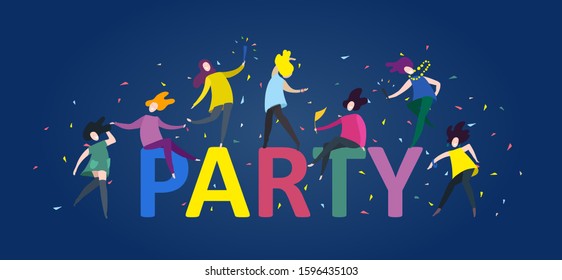 Happy people with big word Party. Cartoon trendy background - men and women dance and joy. Flat vector illustration with text.