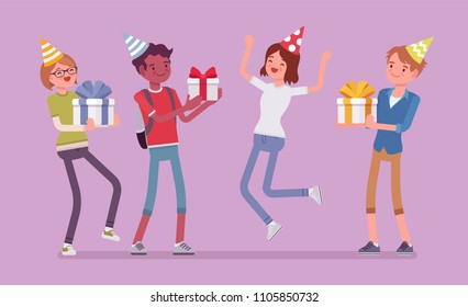 Happy people at birthday party celebration. Cheerful friends having fun on event, gathering of invited guests enjoy party, entertainment and giving gifts, Vector flat style cartoon illustration