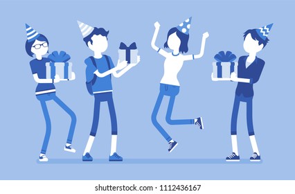 Happy people at birthday party celebration. Cheerful friends having fun on event, gathering of invited guests enjoy party, entertainment and giving gifts. Vector illustration, faceless characters