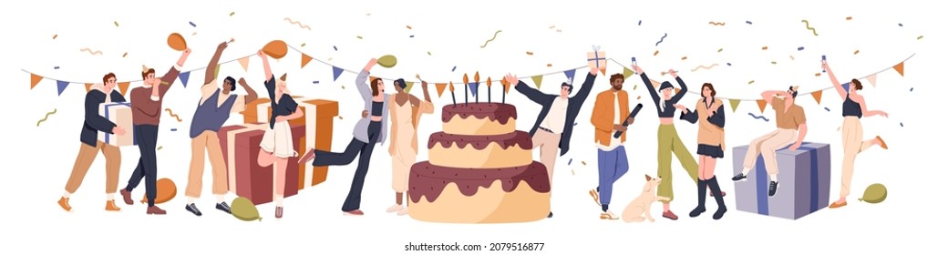 Happy people at birthday party. Friends rejoicing at anniversary, celebrate event with cake, gift and confetti. Celebration and congratulation concept. Flat vector illustration isolated on white