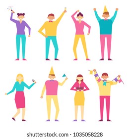 Happy people at birthday party vector isolated on white. Cartoon style man and women celebrate birthday. Girl with cake and flapper, boy in fest cap