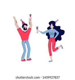 Happy people at birthday party vector isolated on white. Cartoon style man and women celebrate birthday. Girl with wine glass andholiday cap, boy in fest cap.