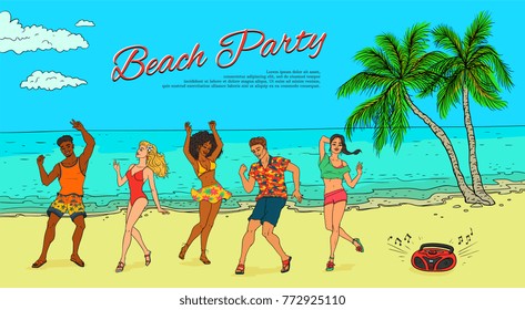 Happy people, black and Caucasian, dancing at sea, ocean shore, beach party poster, banner design, sketch style vector illustration. Beach party poster, banner with people dancing on the shore