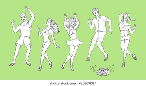 Happy people, black and Caucasian, dancing at summer beach party, hand-drawn, sketch style vector illustration isolated on white background. Drawing of people, men and women dancing at beach party