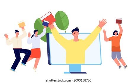 Happy people with books. Students reading, jumping and hold book. Online library, college or school education vector concept