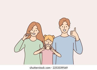 Happy people with braces on their teeth. A group of people of different gender and age demonstrate braces for straightening teeth. The concept of dental care. Vector illustration