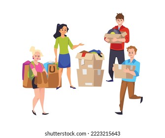 Happy people bringing boxes with old clothes to the charity, flat vector illustration isolated on white background. Concepts of clothing donation, second hand shop and garage sale.