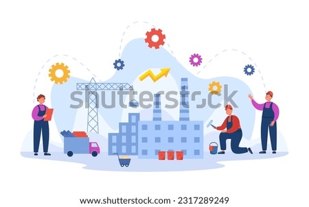 Happy people building factories vector illustration. Builders working at construction site to boost new job creation and economy. Job shortage, enterprise construction concept