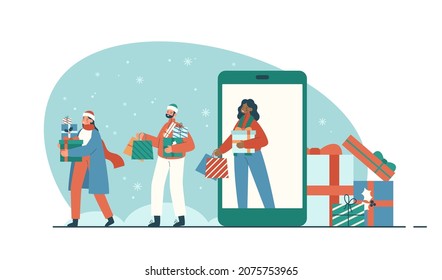 Happy people buying christmas presents online by smartphone app. Men and women in winter clothes carry presents and shopping bags. New year sale technology concept. Modern flat vector illustration