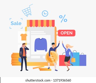 Happy people buying clothes in online shop. Purchase, shop, sale concept. Vector illustration can be used for topics like business, shopping, marketing