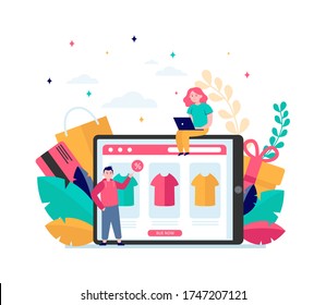 Happy people buying clothes online. T-shirt, percent, customer flat vector illustration. E-commerce and digital technology concept for banner, website design or landing web page