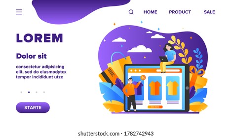 Happy people buying clothes online. T-shirt, percent, customer flat vector illustration. E-commerce and digital technology concept for banner, website design or landing web page
