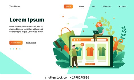 Happy people buying clothes online. T-shirt, percent, customer flat vector illustration. E-commerce and digital technology concept for banner, website design or landing web page