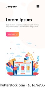 Happy people buying clothes online. T-shirt, percent, customer flat vector illustration. E-commerce and digital technology concept for banner, website design or landing web page