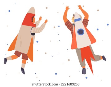 Happy people in cardboard or plastic rocket suits. Children in self made costumes dancing in space. Outfit for holiday in cosmic style. Dance of characters wearing spacesuits at costume party