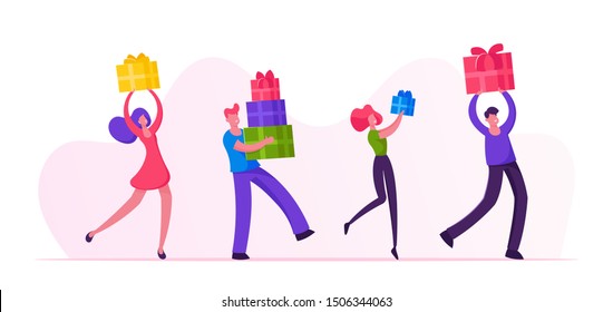 Happy People Carry Gift Boxes Walking In Row. Male And Female Characters Hurry For Great Christmas Sale. Men Women Buying Presents For Family And Friends On Holidays. Cartoon Flat Vector Illustration