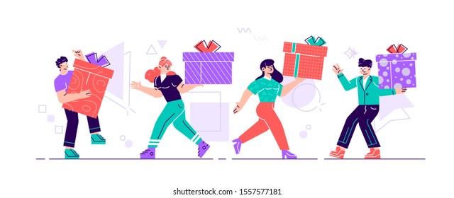 Happy People Carry Gift Boxes Walking in Row. Male and Female Characters Hurry for Great Christmas Sale. Men Women Buying Presents for Family and Friends on Holidays. Cartoon Flat Vector Illustration