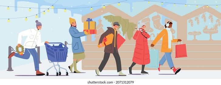 Happy People Carry Gift Boxes in Hands and Shopping Cart Buying Presents on Fair. Characters Walking in Row Hurry for Christmas Celebration with Family on Winter Holidays. Cartoon Vector Illustration