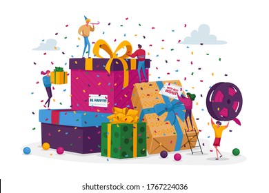 Happy People Carry Wrapped Gift Boxes and Put in Huge Pile. Male and Female Characters Prepare for Christmas. Men Women Buying Presents for Family and Friends on Holidays. Cartoon Vector Illustration