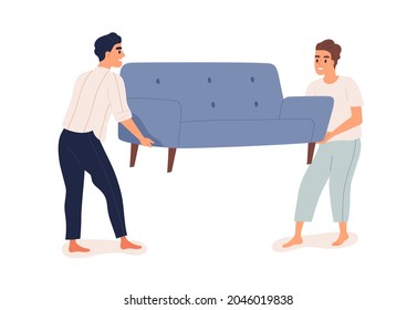 Happy people carrying new sofa together. Men holding and moving couch for furnishing home with modern furniture. Refurnishing concept. Flat vector illustration isolated on white background