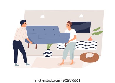 Happy People Carrying Sofa To Refurnish Living Room. Family Moving Couch, Furnishing Home With New Modern Furniture. Men Renewing Apartment. Flat Vector Illustration Isolated On White Background