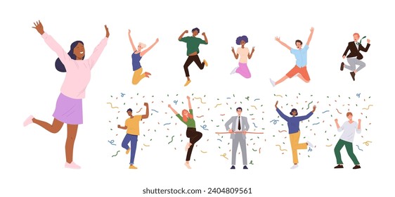 Happy people cartoon characters celebrating success cheerfully jumping rejoicing win and victory