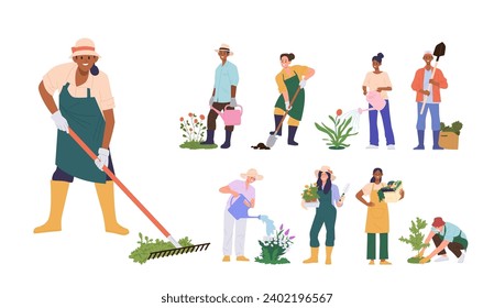 Happy people cartoon characters enjoying gardening and planting agriculture work isolated set