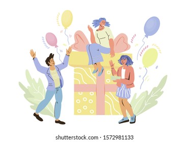 Happy people cartoon characters and large gift box. Bonus or special offer event, present and surprise concept for referral or vip club customers program. Flat vector illustration.