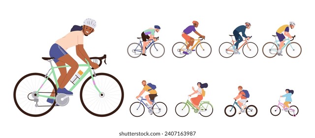 Happy people cartoon characters riding sportive bicycles and recreation bikes set isolated on white