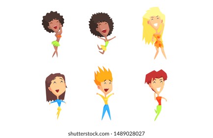 Happy People Cartoon Characters Set, Guys and Girls Dancing, Jumping and Having Fun Vector Illustration