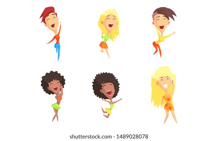 Happy People Cartoon Characters Set, Smiling Young Men and Women Dancing, Jumping and Having Fun Vector Illustration