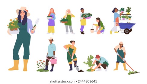 Happy people cartoon characters set gardening growing houseplants and planting orchard trees