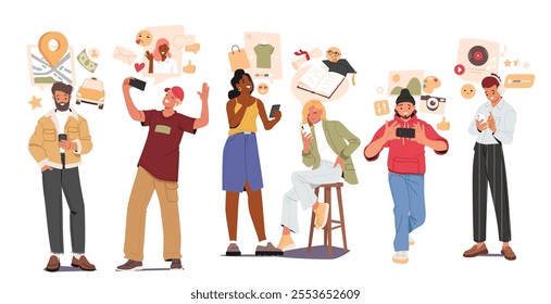 Happy people cartoon characters using mobile phones with different application and internet services for rest, learning, communication and shopping standing in row with gadgets vector illustration