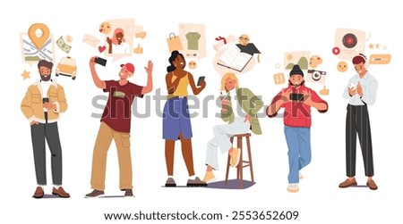 Happy people cartoon characters using mobile phones with different application and internet services for rest, learning, communication and shopping standing in row with gadgets vector illustration