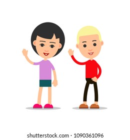 Happy people cartoon illustration isolated on white background in flat style. Guy and girl standing and welcomes with a raised hand. Funny cartoon character. 
