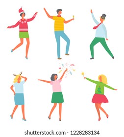 Happy people in cartoon style celebrating Christmas party. Dancing man, woman with sparkler, females in Santa hat and horns accessory, isolated vector