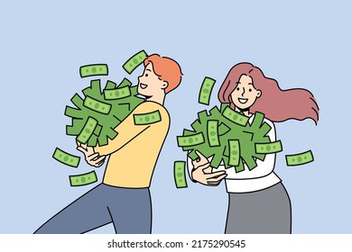 Gente feliz con dinero acumulado entusiasmada por la victoria o la victoria. Un hombre y una mujer muy alegres con montones de dinero celebran la suerte de la lotería. Riqueza y éxito. Ilustración vectorial. 