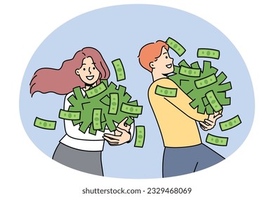 Happy people with cash stack excited about win or victory. Overjoyed man and woman with money piles celebrate lottery luck. Wealth and success. Vector illustration.