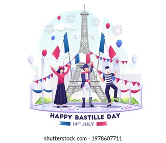 Happy People Celebrate Bastille Day on 14th July. National Day of France. vector illustration